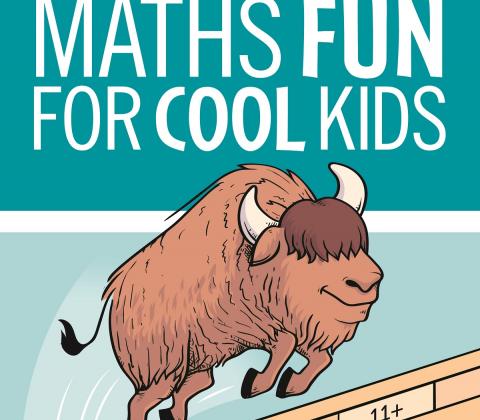 Front of Maths Fun for Cool Kids book showing a buffalo leaping over a wall