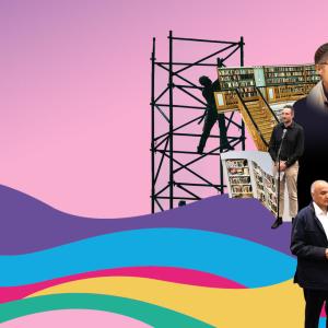 A montage of people and places from around Westminster against a purple and pink background, with colourful wavy lines at the bottom