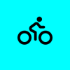 A black outline of a stick figure riding a bike on a bright blue background