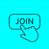 a button with the word 'join' on it, and a hand going to press that button, on a bright blue background 