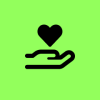 A black outline of a hand holding a heart on a green background