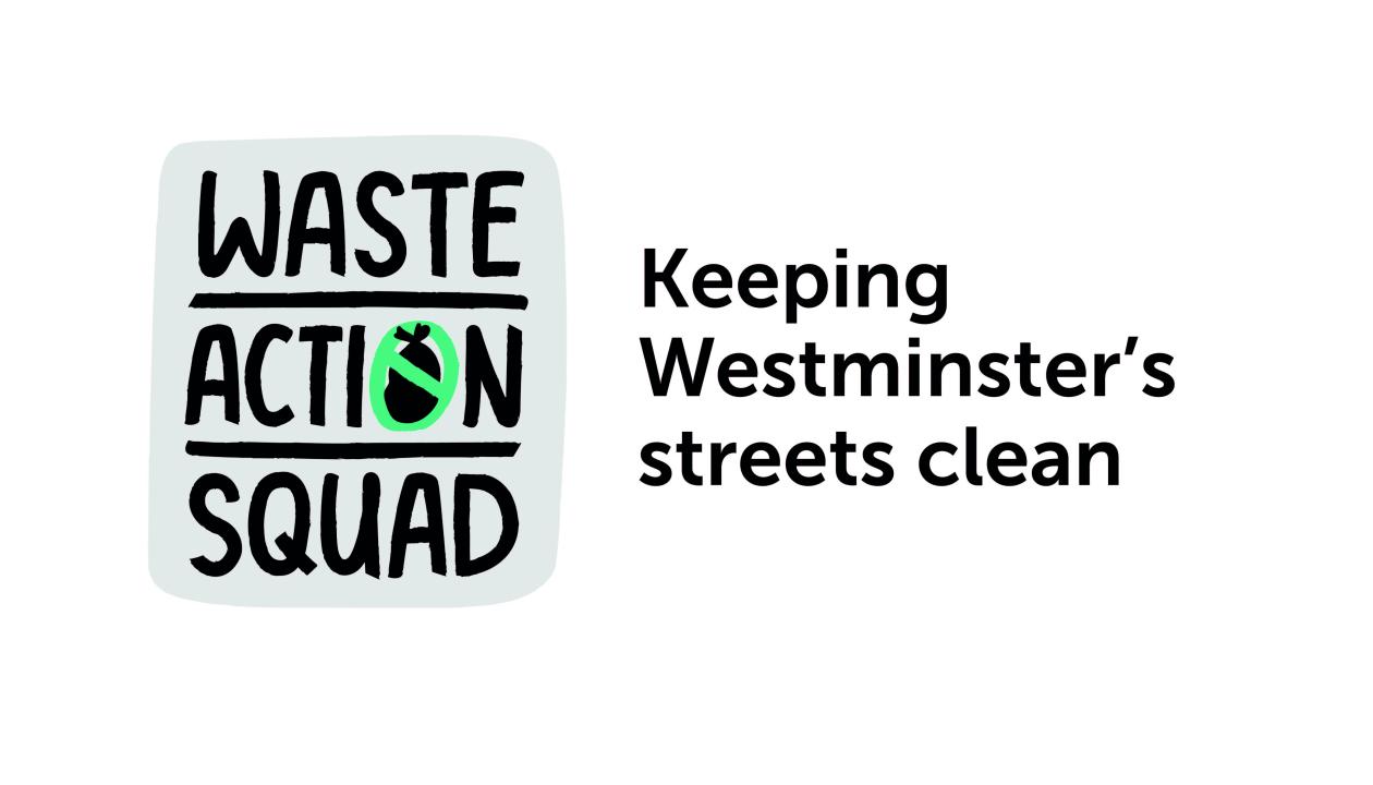 Logo for the Waste Action Squad, of a black bag with a green cross through it and a strapline of keeping Westminster's streets clean