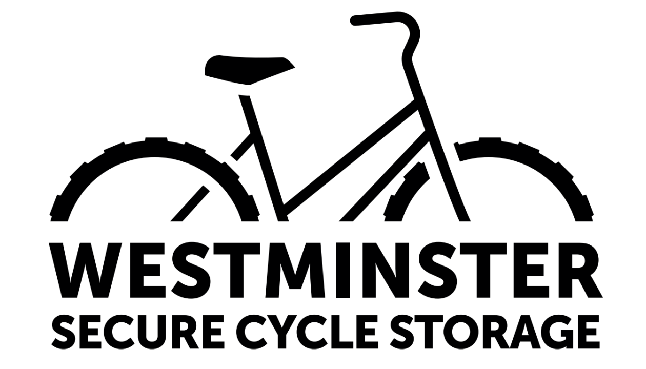 A black silhouette of a bike with the words 'westminster secure cycle storage' underneath