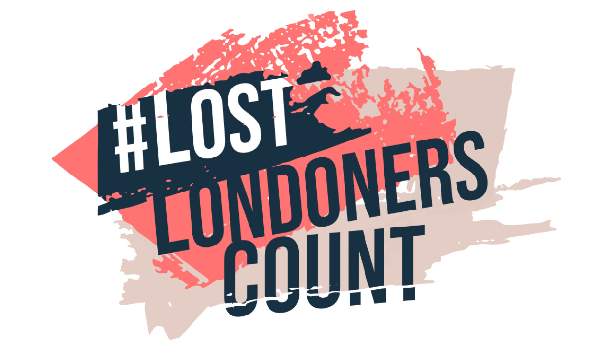 Text reading hashtag Lost Londoners Count on a orange paint brush stroke