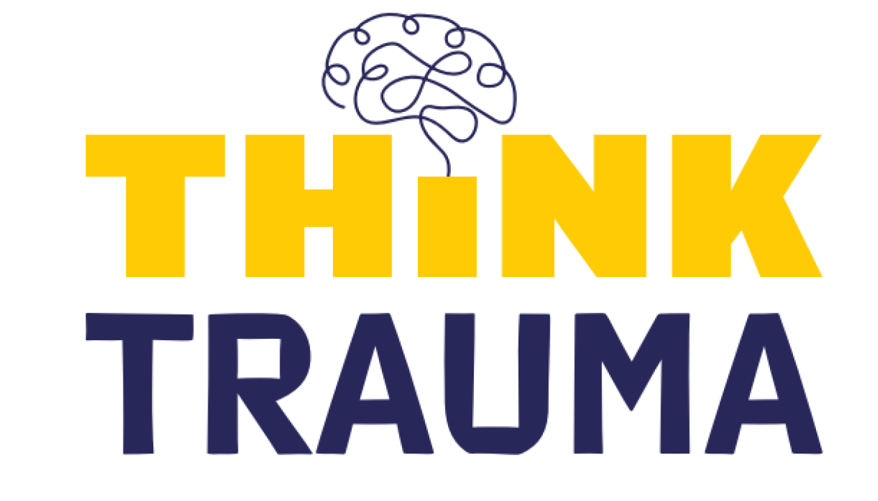 Think Trauma text logo, think is in bold yellow and trauma is in blue. The dot on the i in think is a pencil drawing of a brain.