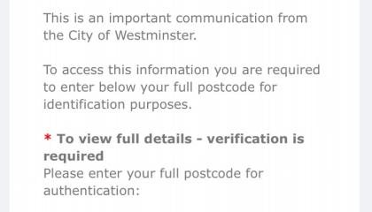 An example of the webpage you'll see if you get a text about Council Tax, it has a Westminster Council logo, some text and a text box asking for your postcode.